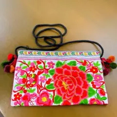 両面刺繍 お花 カラフル ショルダー ポシェット ピンク系 カラフル
