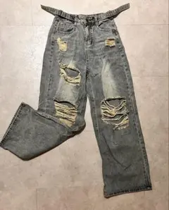 ダメージ加工 グレー ワイドレッグデニム