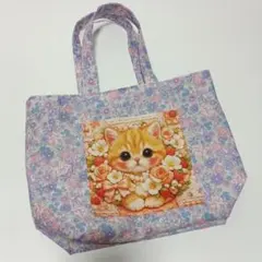 ハンドメイド　猫のパネル生地　花柄トートバッグのサムネイル