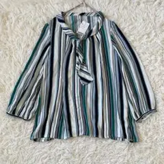 【未使用・タグ付き】 ストライプネックタイ付き 五分袖 ブラウス