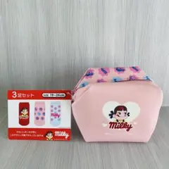 【新品】不二家 ペコちゃん ミルキー ポーチ付き 靴下3足セット19-24cmのサムネイル