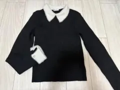 【イング】配色襟 フェザーリブニット 異素材 パール風ボタン フェミン M