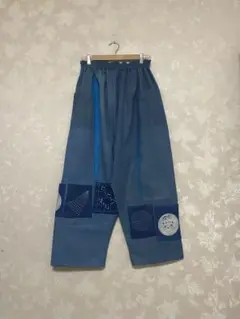 471.刺し子のパンツ、藍染め　ゆったり　おかめひょっとこ　ポケット４個