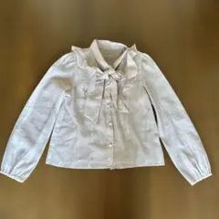 リボン付きフリル襟 グレージュ長袖シャツ　グレイル