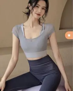 オフショルダーレイヤード半袖ヨガトップス