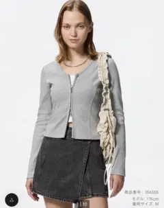 ジーユー　リブダブルジップVネックカーディガン　グレー　Lサイズ