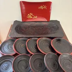 香川 漆器 木製 茶托5 銘々皿5 長皿2 まとめ売り