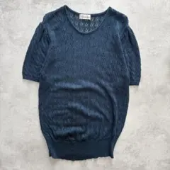 透かし編み 半袖ニット ブルー L サマーニット カジュアル きれいめ 春夏