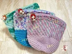 ファスナーポーチセット.編み物.ラベンダー.ブルー.エメラルド