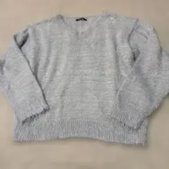 one way・グレー Vネック ニットセーター 長袖 フリンジ仕上げ・M