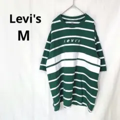 リーバイス▶ボーダーTシャツ グリーン ロゴ刺繍 ルーズ M 綿100%