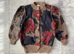 レトロ花柄 総柄ニットカーディガン ウール混 ブラウン 古着 ヴィンテージ
