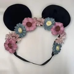 ミニーマウス耳付き花飾りヘアバンド