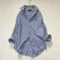ラルフローレン レディースシャツ ストライプ 長袖 白 青 M 綿100%