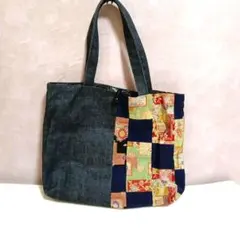 ③　和柄ハンドバッグ　デニム調 ハンドバッグ　リバーシブルハンドバッグ