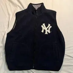 MLB公式 ニューヨークヤンキース フリースベスト L ネイビー 刺繍ロゴ 古着