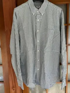 ユニクロ　綿シャツ　グリーンストライプ　メンズ　L