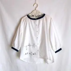 25%値下げ済♪猫　刺繍　白　ノーカラー　クレリックシャツ　綿　M~LL　新品