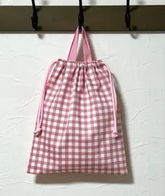 B44・LL35×40㎝ハンドメイドお着替え袋・体操着袋★ギンガムチェックピンク