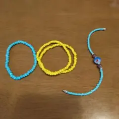 ビーズ　とんぼ玉　ブレスレット　青色　黄色　セット　赤色アクセント　涼し気