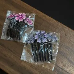 【2色セット】かんざし ヘアコーム 花モチーフ キラキラ パーティー 髪飾り