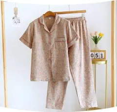 新品パジャマ夏半袖上下セットLレディース綿100%先染め長パンツ甚平タグ付き