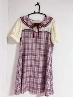 チェック柄 セーラー襟 半袖Aラインワンピース M