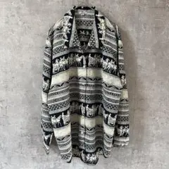 定*️様 昭和レトロ民族調プリントの総柄長袖シャツ ネイビー系 ゆったり