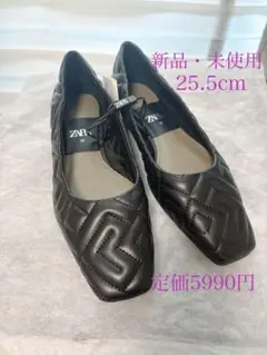 【新品】ZARA ザラ スクエアトゥ フラット EU39 レザー　ブラック