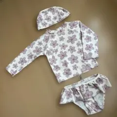 ベビー水着 女の子 80cm 花柄 長袖 ラッシュガード 帽子　3点セット