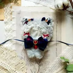 10〜12cm ぬい服 着ぐるみ ねこ ライトグレー 赤 ネイビー レース