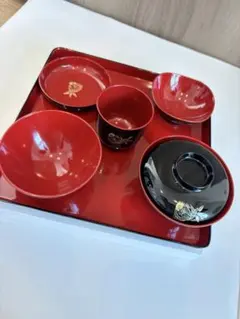 【新品未使用】お食い初め 漆器セット 赤黒