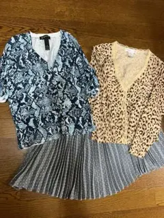 ロペプリーツスカート＆レオパードガーデ＆ブルーパイソンカーデ