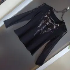 ダンス用ビーズ装飾付き黒の長袖トップス オープンショルダー 中古品