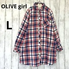 【オリーブデオリーブ】ロングチェック柄長袖シャツワンピース　赤青L ウエスト紐のサムネイル