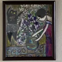 絵画 。壁掛け絵原画手描き【部屋の中で花瓶を片付ける少女とバレエを踊る黒猫】