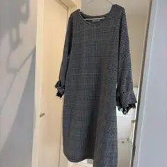 グレー系チェック柄長袖ワンピース大きいサイズ