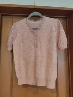 半袖パール付きニット ピンク　Mサイズ