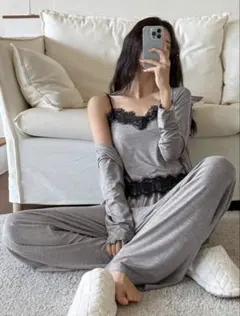 SHEIN レディース ルームウェア 3点セット グレー レース Mのサムネイル