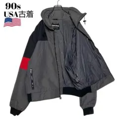 90s USA古着肉厚ジップアップブルゾン グレー黒赤 XLフィールドジャケット