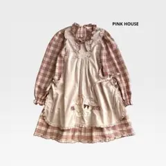 ピンクハウス ウサギ刺繍 赤白 チェックチュニックワンピース