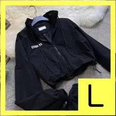 ラスト1点　韓国風 L ショート丈ブルゾン バックロゴ ナイロン ジャケット　黒