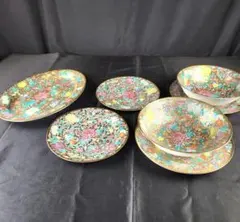 Y3569-2 中国 景徳鎮 粉彩 色絵 花詰 大皿 7点セット