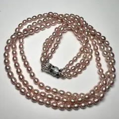 本真珠　ピンクパール三連ネックレス　シルバークラスプ　照り良