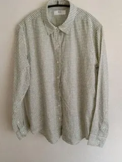 ユニクロ　リネン長袖シャツ　グリーン系ギンガムチェック