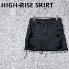 4110 ダメージデニムスカート ブラック フリンジ ストリート ロック Y2K