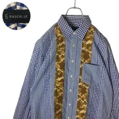 グッドデザイン ブルーギンガムチェック×迷彩カモフラ クレイジーパターンシャツ