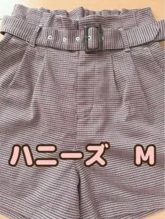【美品】ハニーズ　ショートパンツ　ベルト付き　M 千鳥格子(黒×エンジ)