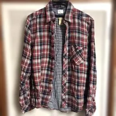 BACK NUMBER ライトオン Wガーゼチェックワークシャツ M 赤白紺