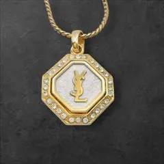 イヴサンローラン YSL ロゴ ネックレス オクタゴン ラインストーン チャーム